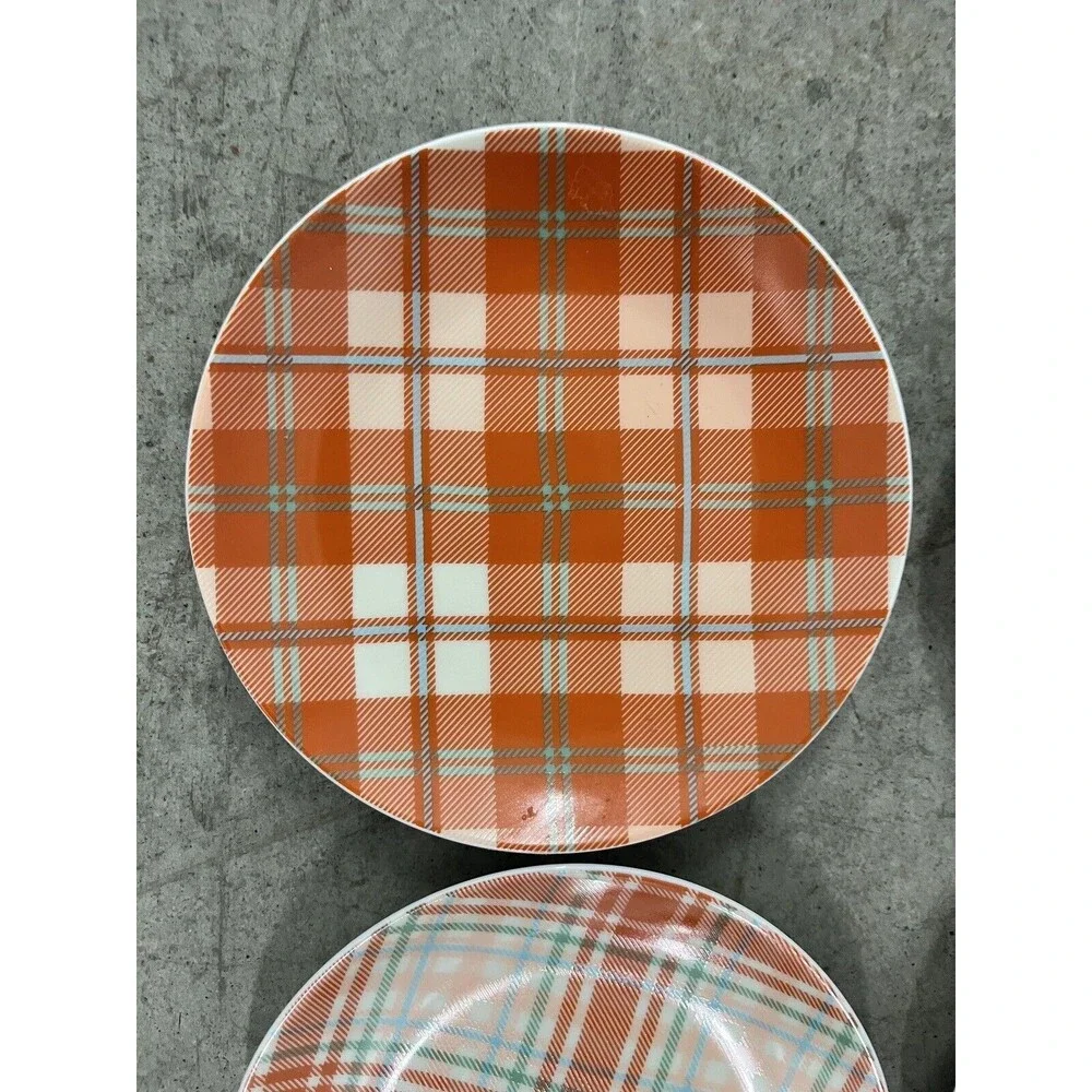 Lot of 4 Pier One Imports Orange & Teal Plaid Porcelain 6-inch Snack Plates